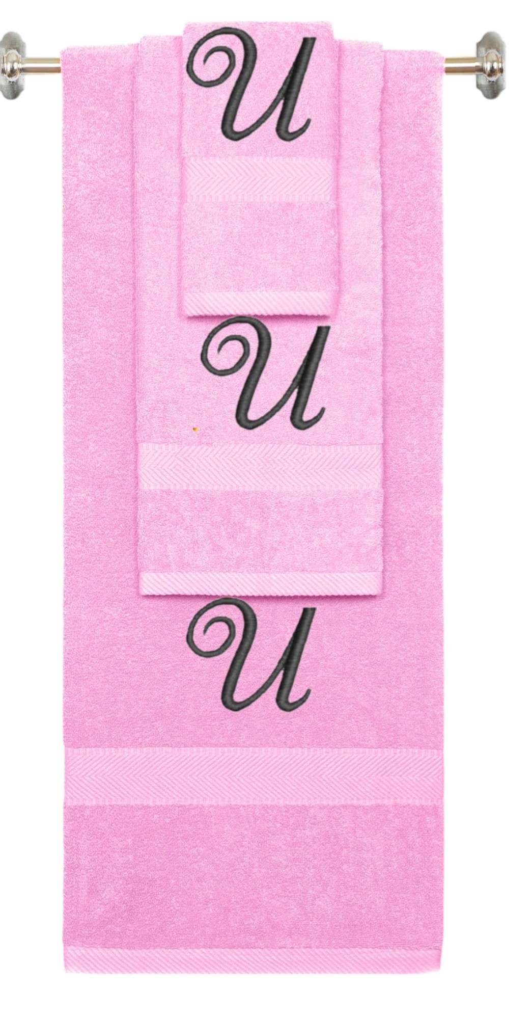 Pink monogrammed towel set with Black thread, Diana Script font, initial U - 540 GSM cotton 3-piece