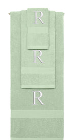 Mint Green monogrammed towel set with Silver thread, Times New Roman font, initial R - 540 GSM cotton 3-piece