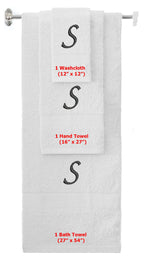 White monogrammed towel set with Black thread, Chancery font, initial S - 540 GSM cotton 3-piece