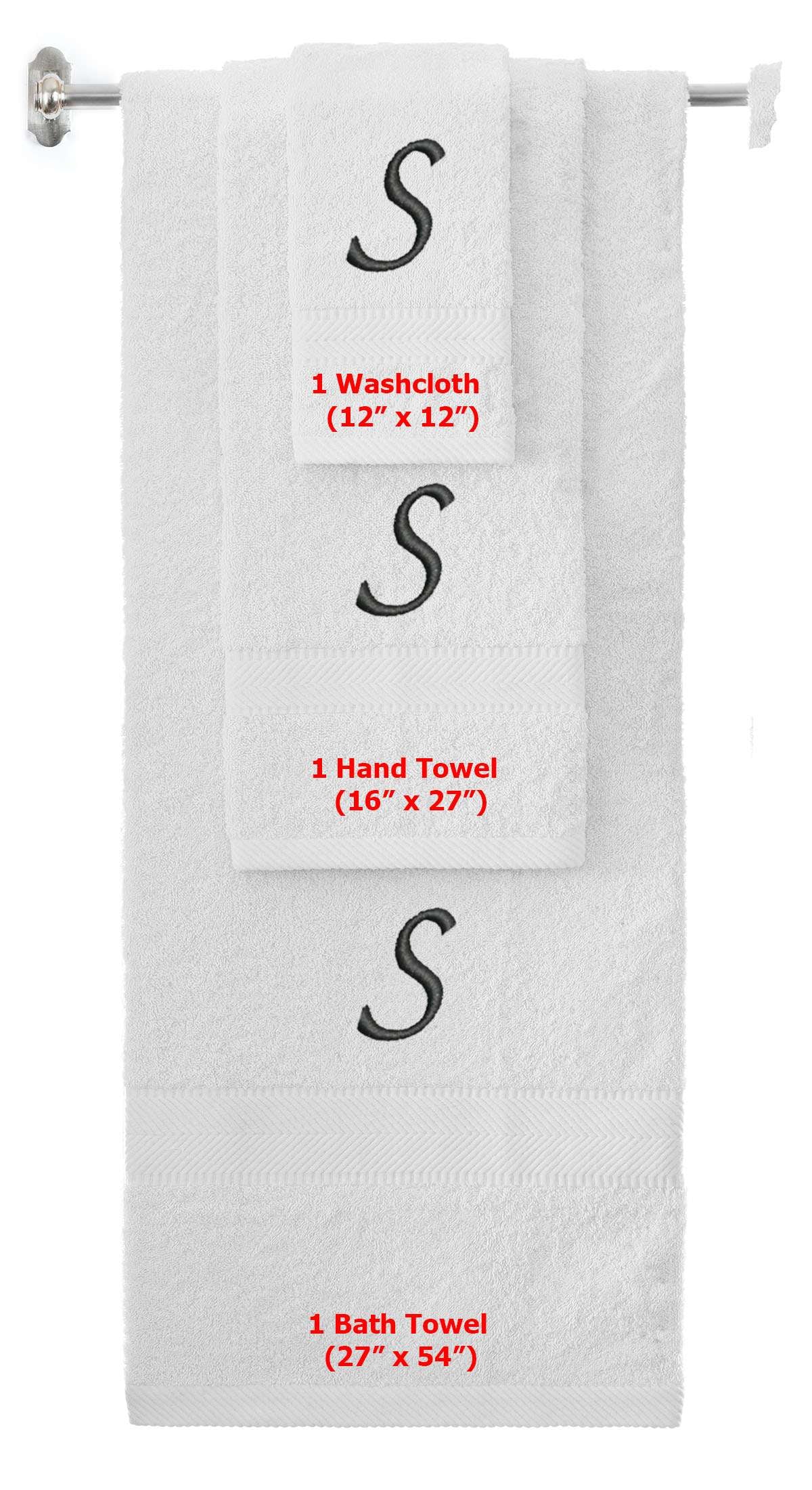 White monogrammed towel set with Black thread, Chancery font, initial S - 540 GSM cotton 3-piece