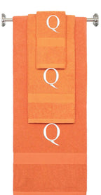 Orange monogrammed towel set with White thread, Times New Roman font, initial Q - 540 GSM cotton 3-piece