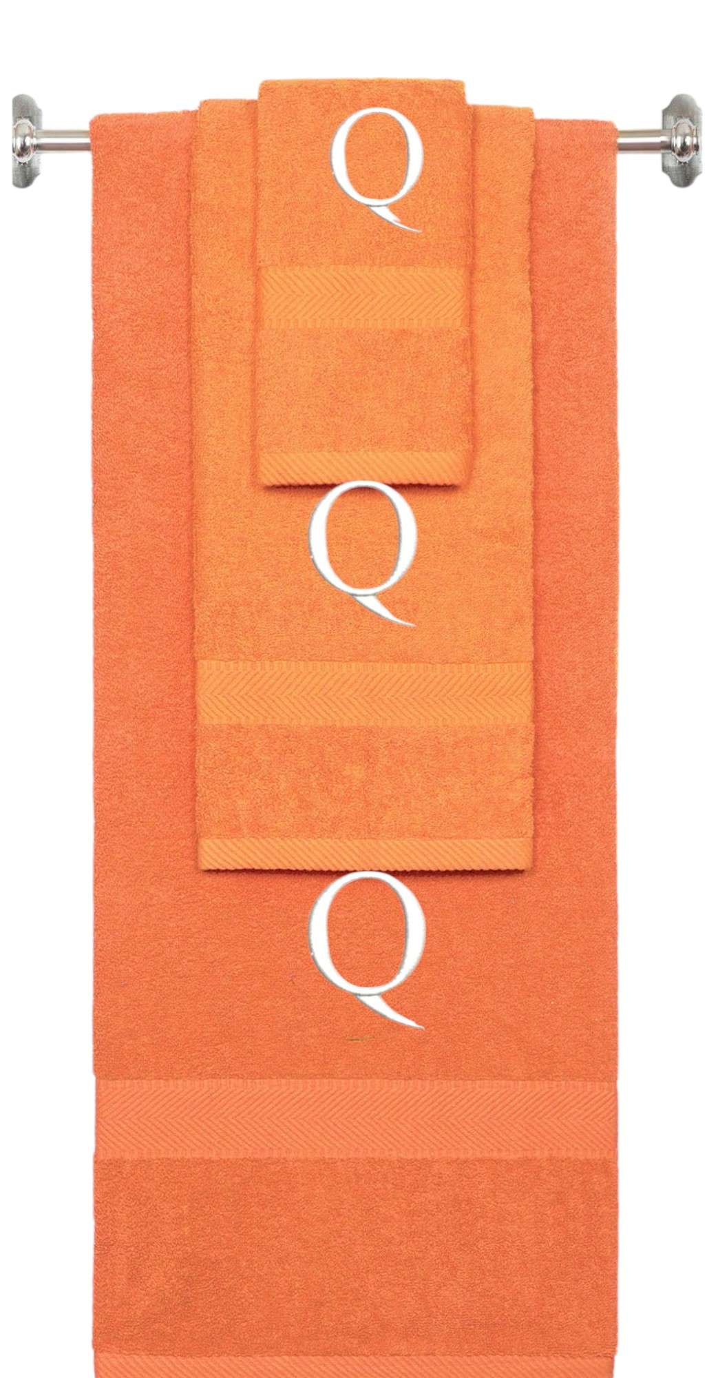 Orange monogrammed towel set with White thread, Times New Roman font, initial Q - 540 GSM cotton 3-piece