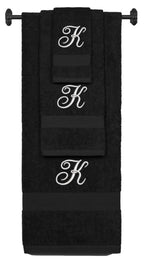 Black monogrammed towel set with Silver thread, Diana Script font, initial K - 540 GSM cotton 3-piece
