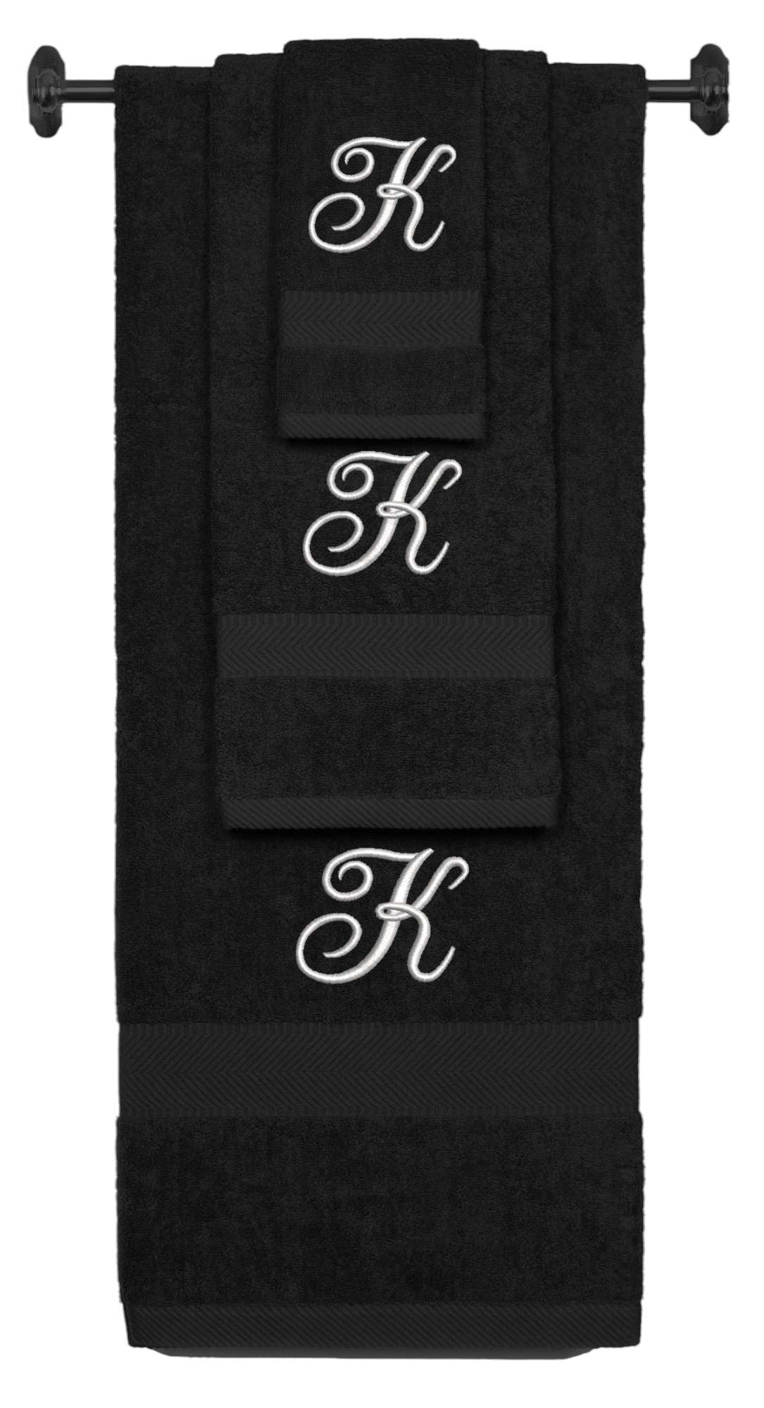 Black monogrammed towel set with Silver thread, Diana Script font, initial K - 540 GSM cotton 3-piece