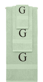 Mint Green monogrammed towel set with Black thread, Times New Roman font, initial G - 540 GSM cotton 3-piece