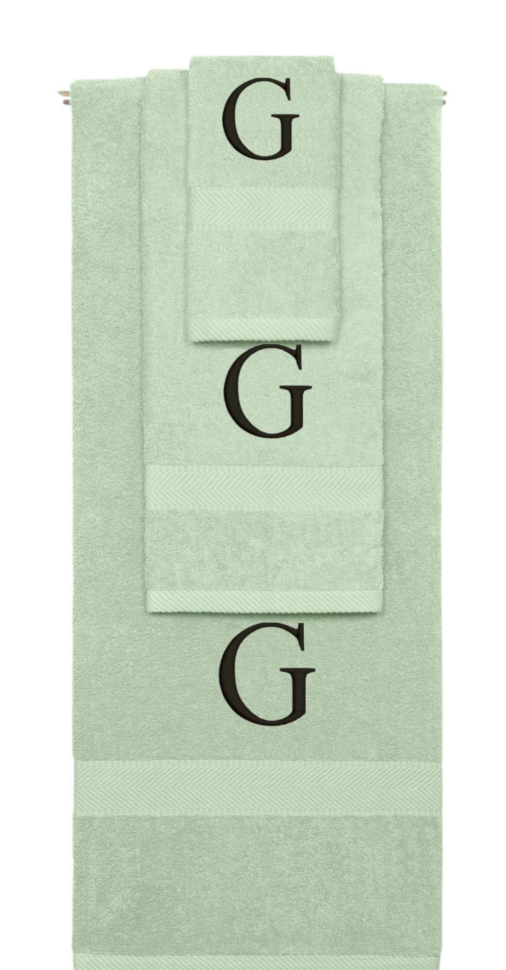Mint Green monogrammed towel set with Black thread, Times New Roman font, initial G - 540 GSM cotton 3-piece