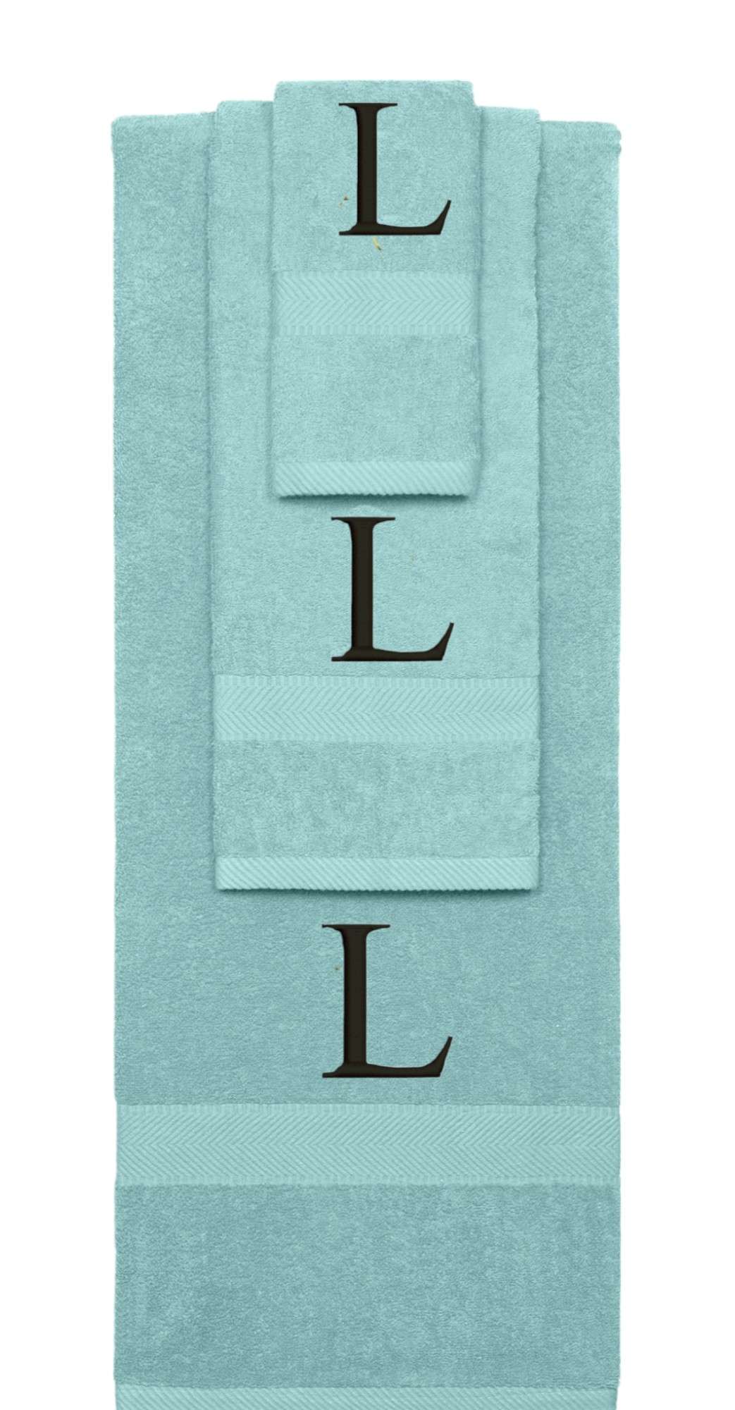 Nautical Teal monogrammed towel set with Black thread, Times New Roman font, initial J - 540 GSM cotton 3-piece