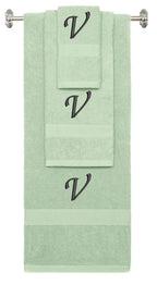 Mint Green monogrammed towel set with Black thread, Chancery font, initial V - 540 GSM cotton 3-piece