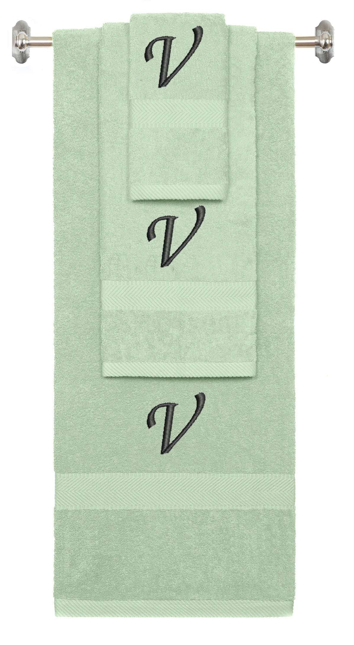 Mint Green monogrammed towel set with Black thread, Chancery font, initial V - 540 GSM cotton 3-piece
