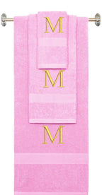 Pink monogrammed towel set with Silver thread, Times New Roman font, initial M - 540 GSM cotton 3-piece