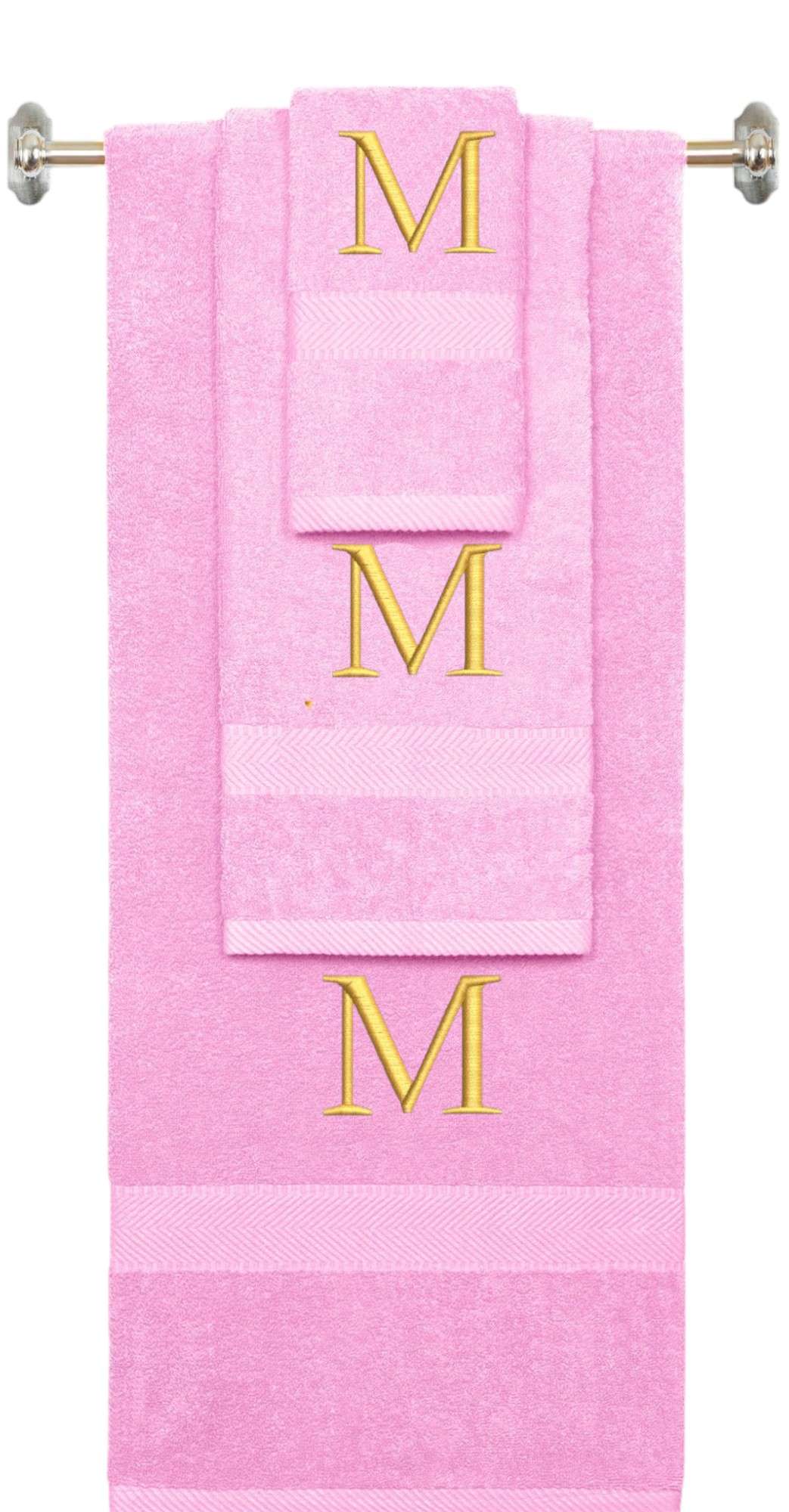 Pink monogrammed towel set with Silver thread, Times New Roman font, initial M - 540 GSM cotton 3-piece