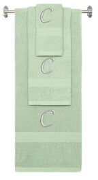 Mint Green monogrammed towel set with Silver thread, Chancery font, initial C - 540 GSM cotton 3-piece