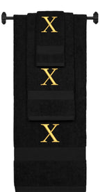 Black monogrammed towel set with Gold thread, Times New Roman font, initial X - 540 GSM cotton 3-piece
