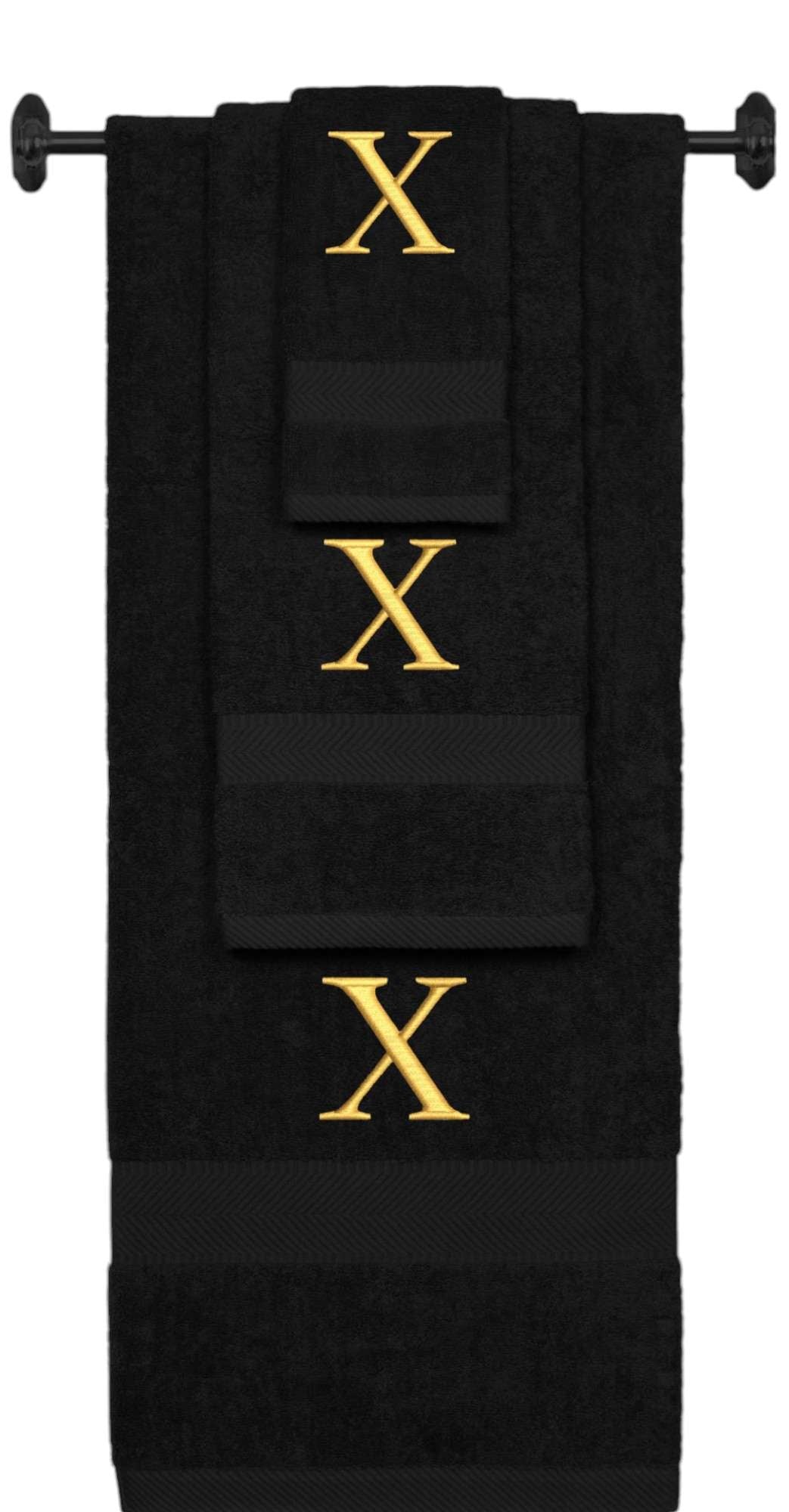 Black monogrammed towel set with Gold thread, Times New Roman font, initial X - 540 GSM cotton 3-piece