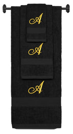 Black monogrammed towel set with Gold thread, Diana Script font, initial A - 540 GSM cotton 3-piece