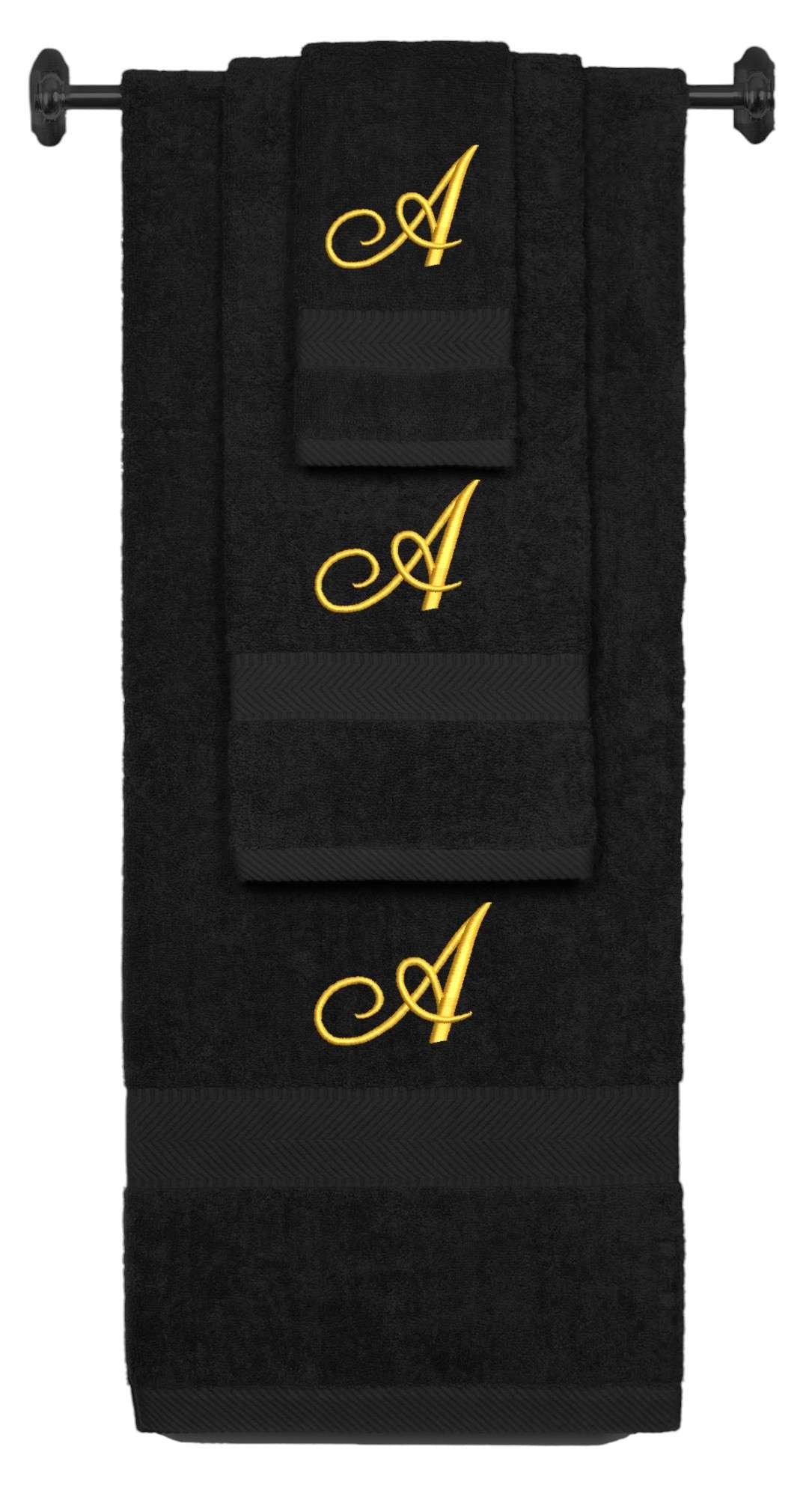 Black monogrammed towel set with Gold thread, Diana Script font, initial A - 540 GSM cotton 3-piece