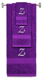 Purple monogrammed towel set with Silver thread, Chancery font, initial Z - 540 GSM cotton 3-piece