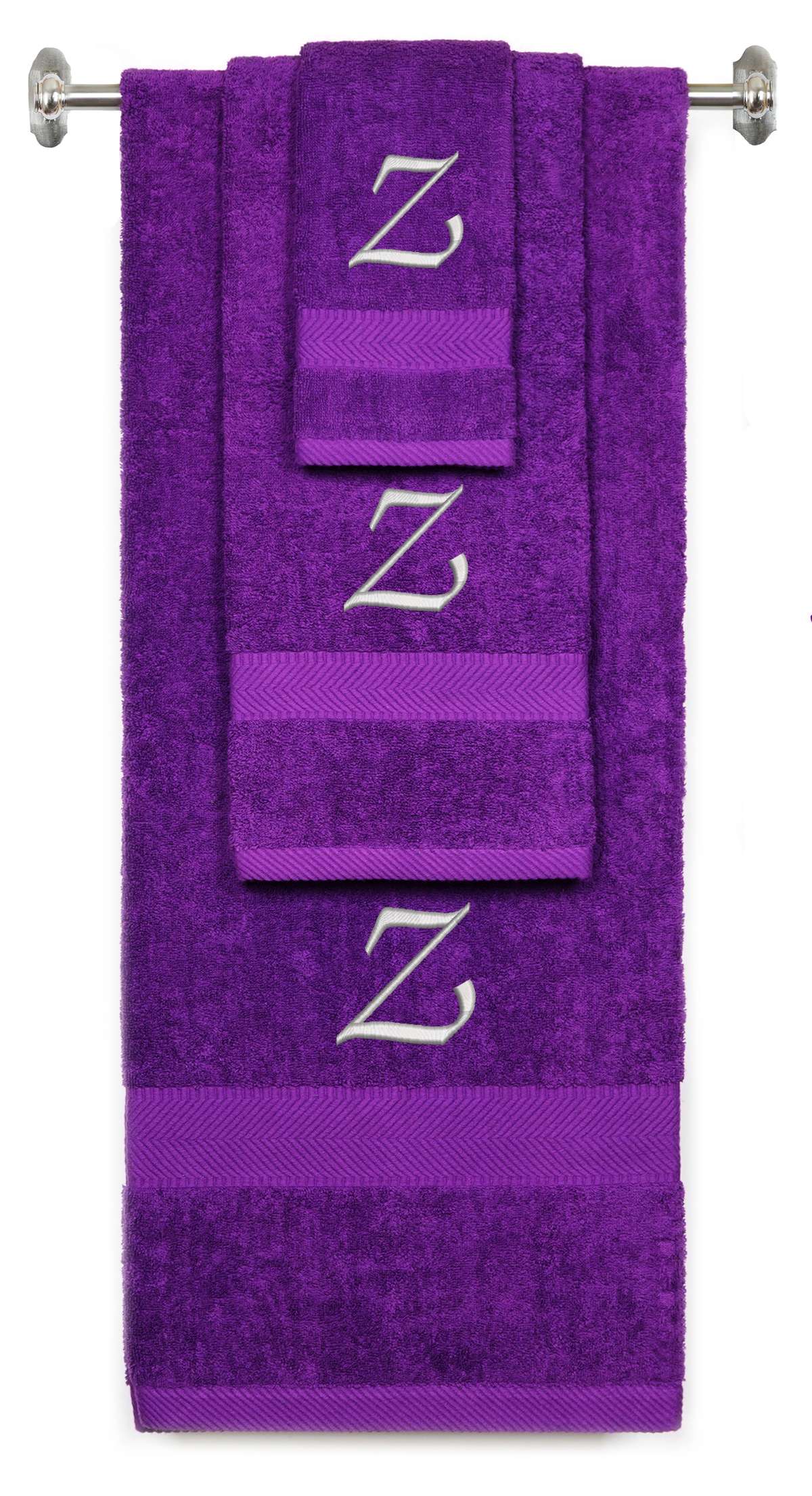 Purple monogrammed towel set with Silver thread, Chancery font, initial Z - 540 GSM cotton 3-piece