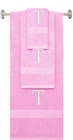 Purple monogrammed towel set with Black thread, Times New Roman font, initial T - 540 GSM cotton 3-piece