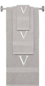 Silver monogrammed towel set with White thread, Times New Roman font, initial V - 540 GSM cotton 3-piece
