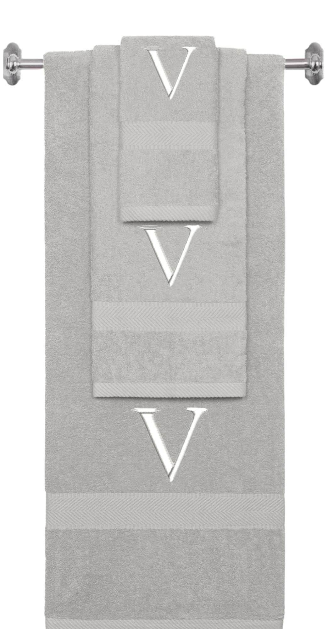 Silver monogrammed towel set with White thread, Times New Roman font, initial V - 540 GSM cotton 3-piece