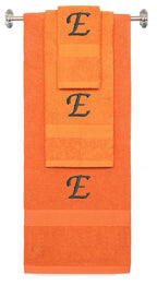 Orange monogrammed towel set with Black thread, Chancery font, initial E - 540 GSM cotton 3-piece