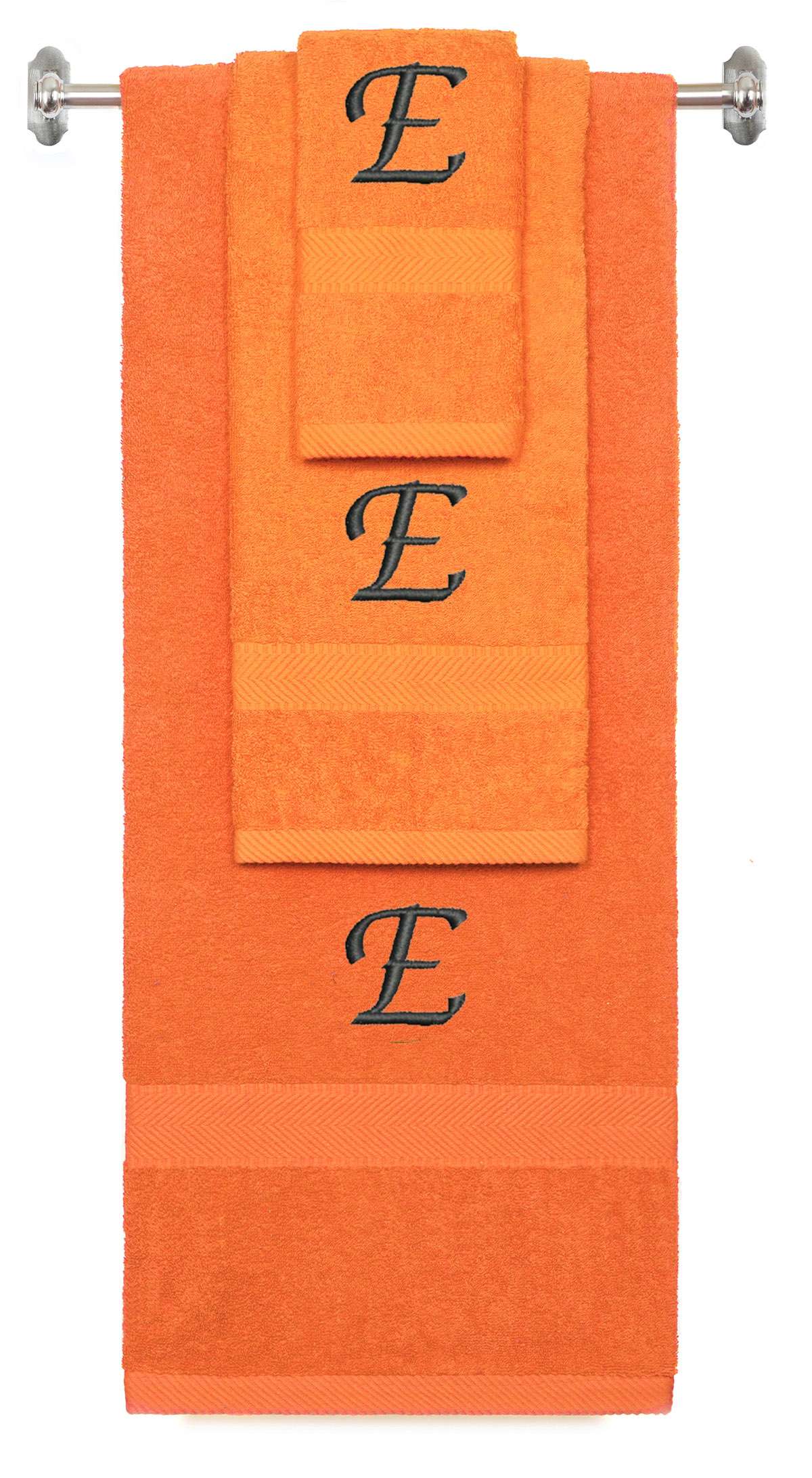 Orange monogrammed towel set with Black thread, Chancery font, initial E - 540 GSM cotton 3-piece