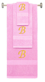 Pink monogrammed towel set with Gold thread, Chancery font, initial B - 540 GSM cotton 3-piece