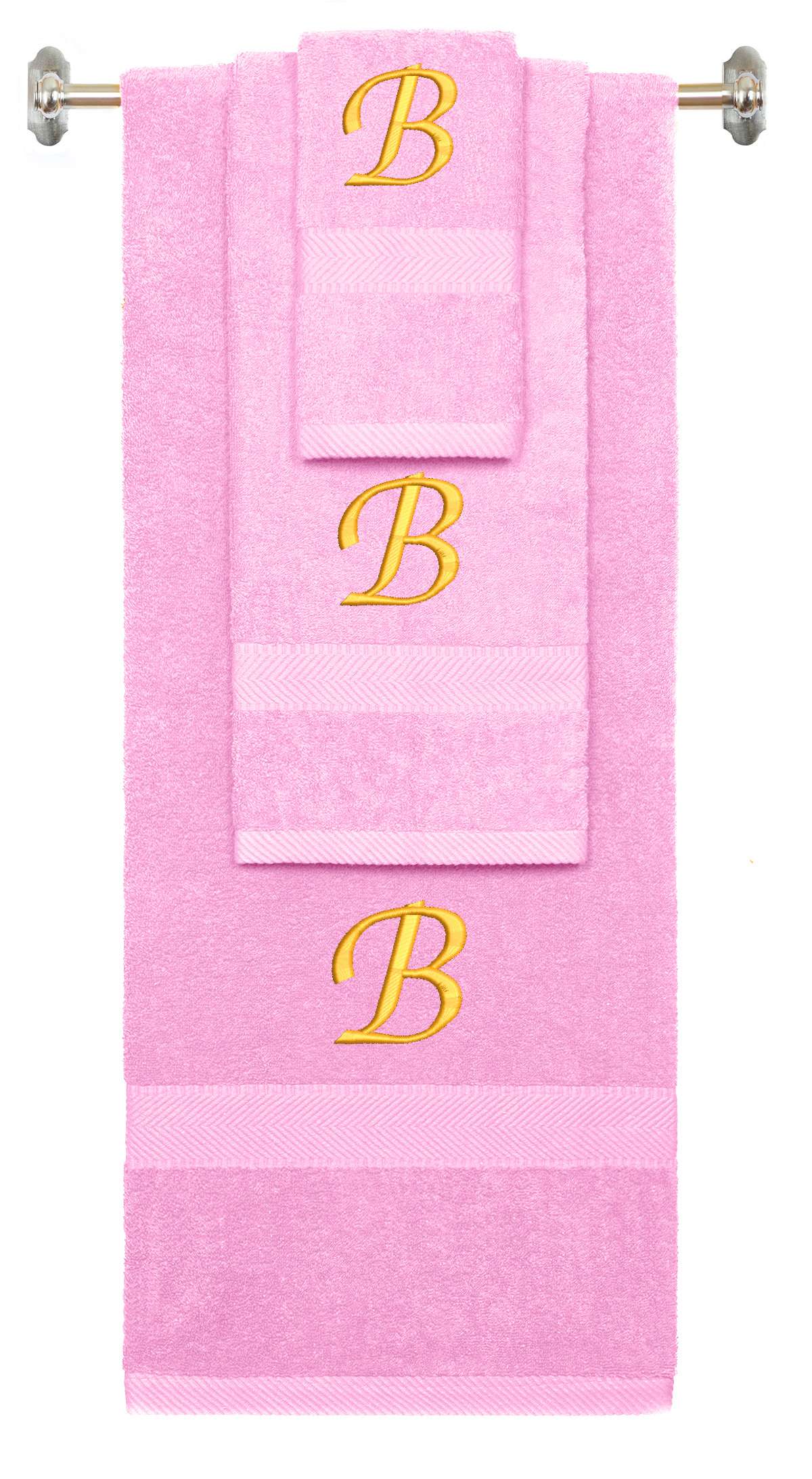 Pink monogrammed towel set with Gold thread, Chancery font, initial B - 540 GSM cotton 3-piece