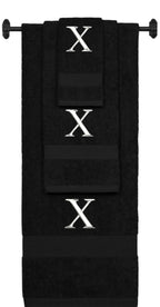 Black monogrammed towel set with White thread, Times New Roman font, initial X - 540 GSM cotton 3-piece