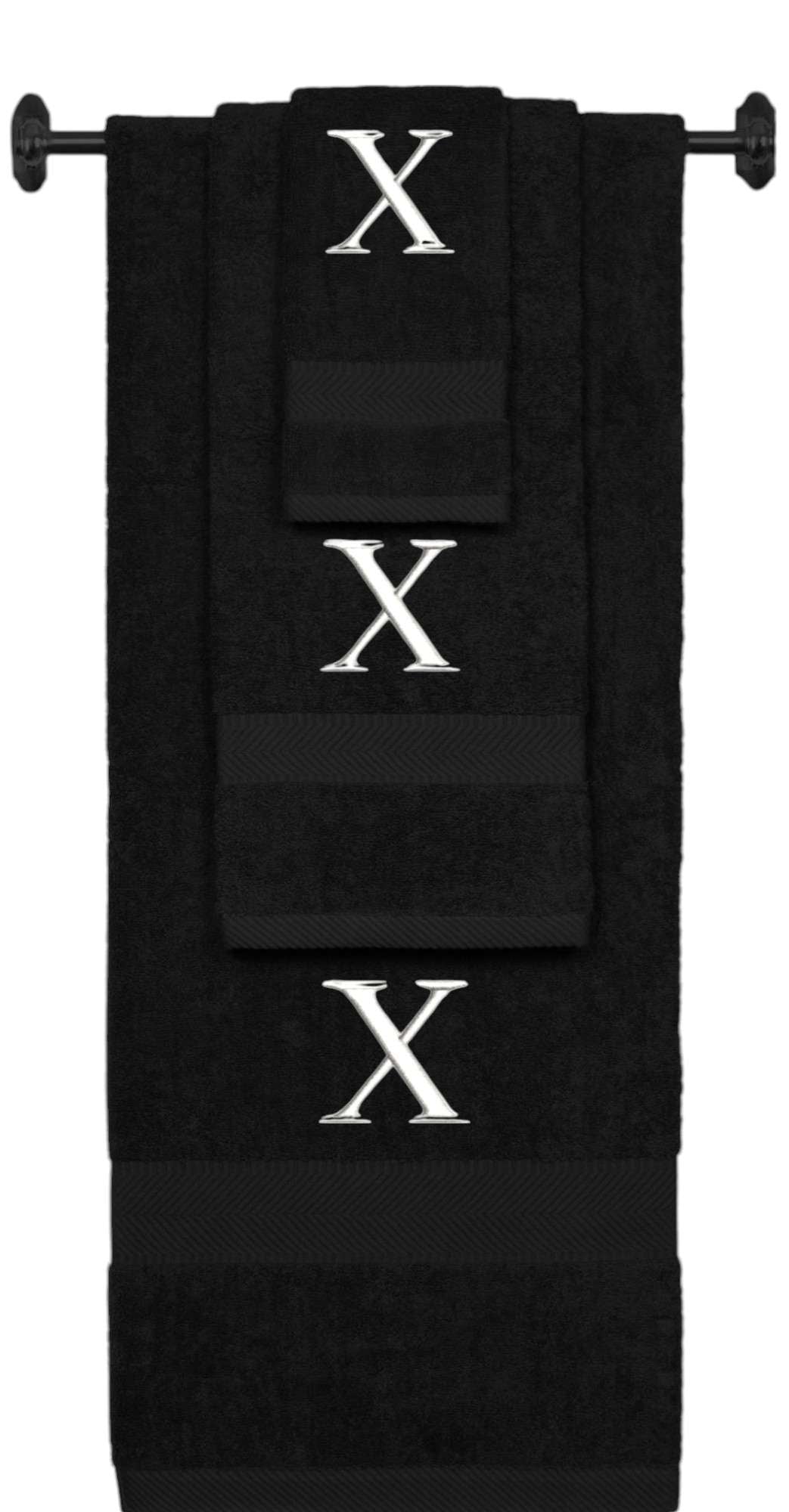 Black monogrammed towel set with White thread, Times New Roman font, initial X - 540 GSM cotton 3-piece