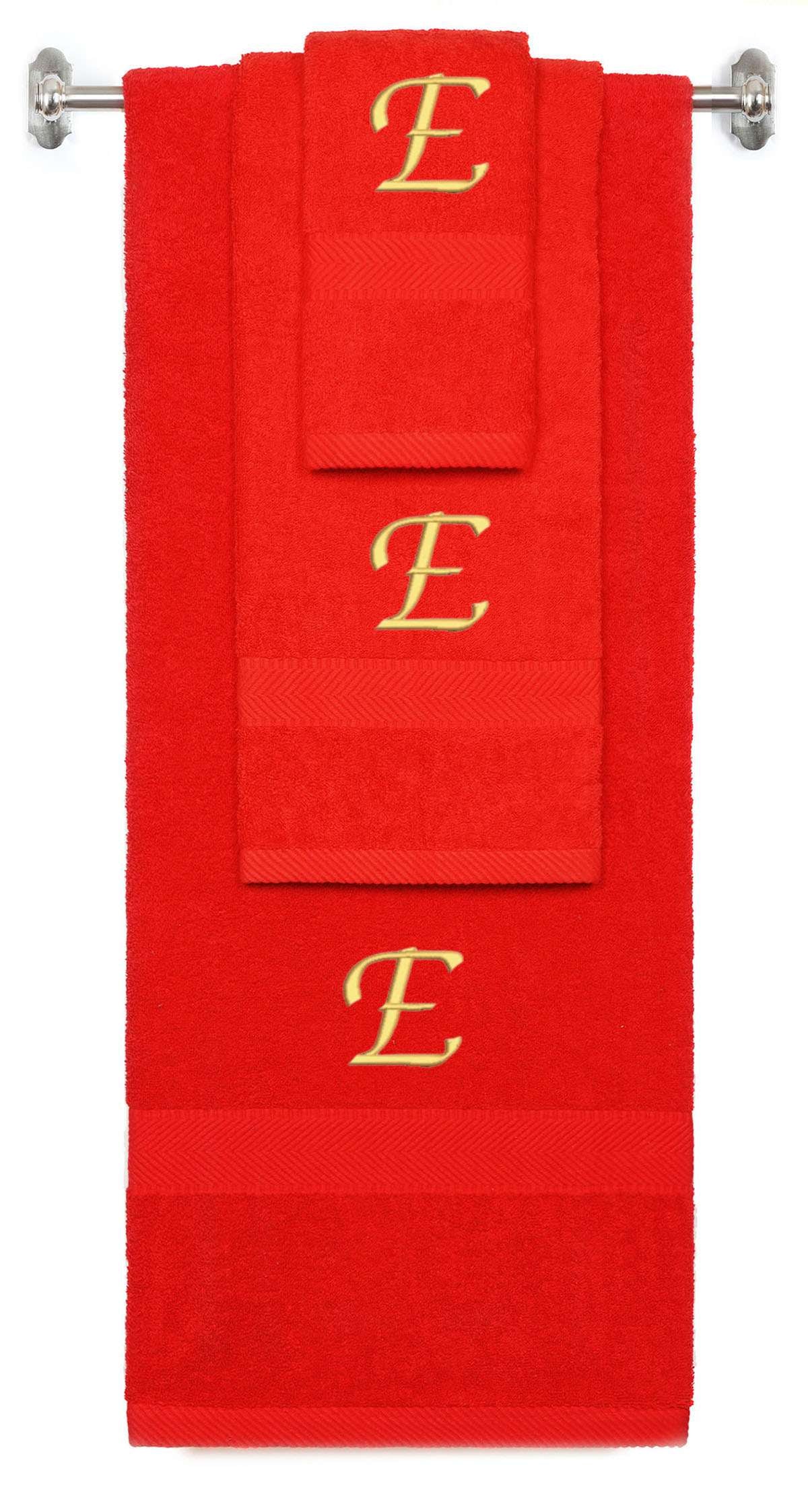 Red monogrammed towel set with Gold thread, Chancery font, initial E - 540 GSM cotton 3-piece