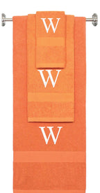 Orange monogrammed towel set with White thread, Times New Roman font, initial W - 540 GSM cotton 3-piece