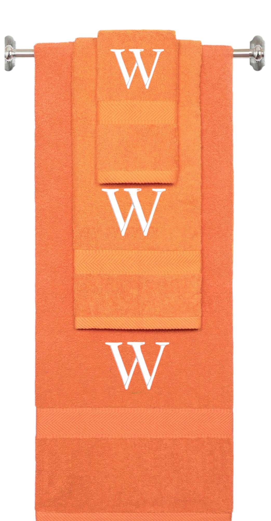 Orange monogrammed towel set with White thread, Times New Roman font, initial W - 540 GSM cotton 3-piece