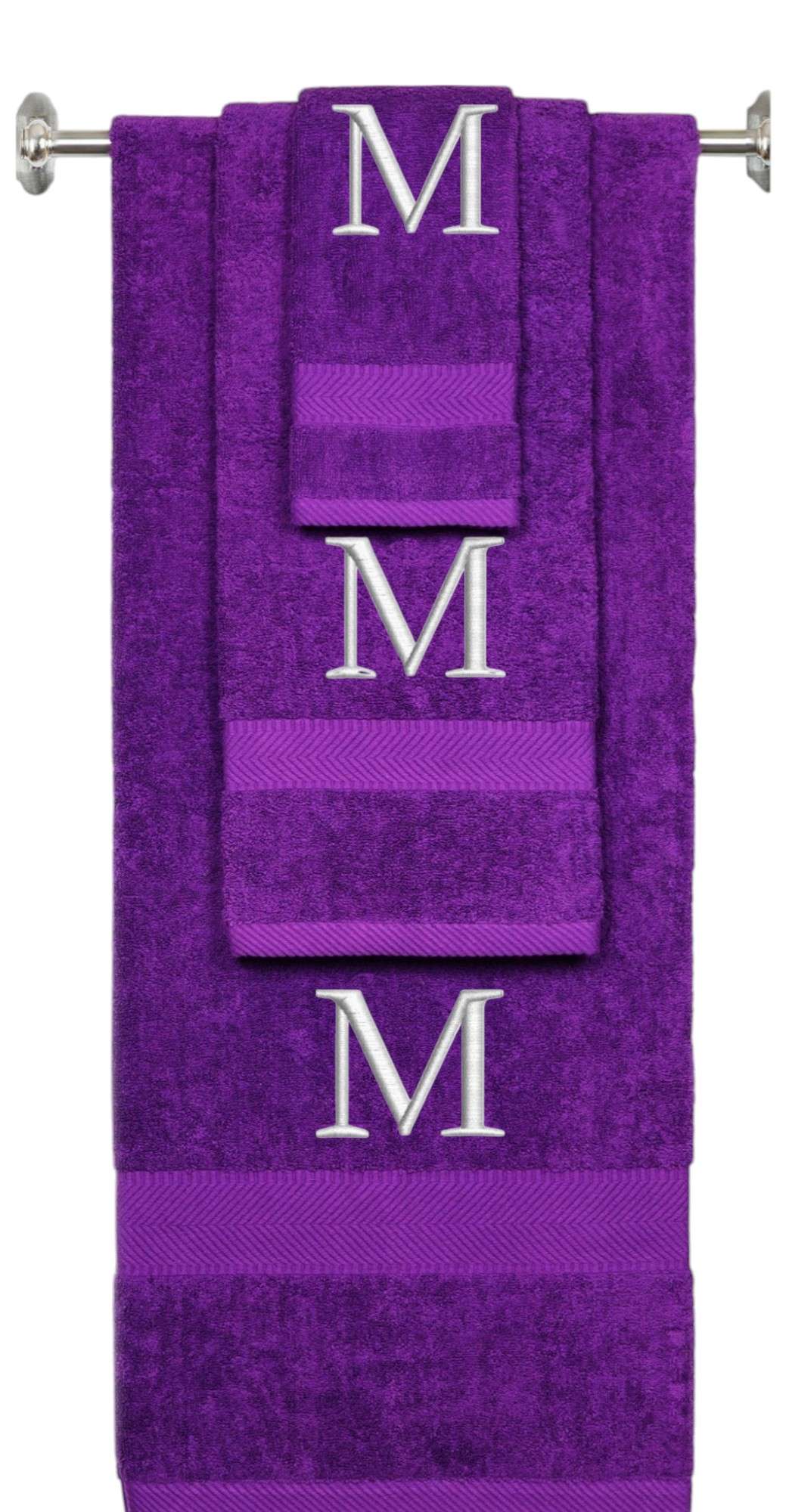 Purple monogrammed towel set with Silver thread, Times New Roman font, initial M - 540 GSM cotton 3-piece