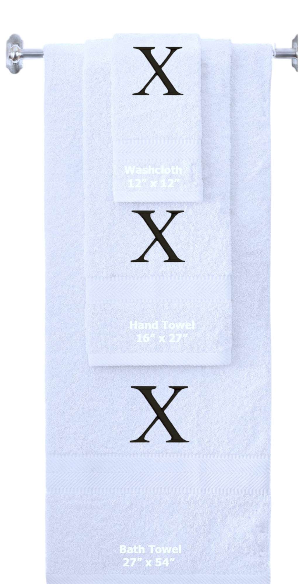 White monogrammed towel set with Black thread, Times New Roman font, initial X - 540 GSM cotton 3-piece