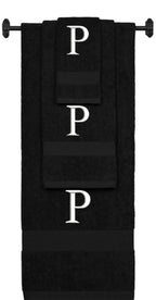 Black monogrammed towel set with White thread, Times New Roman font, initial P - 540 GSM cotton 3-piece