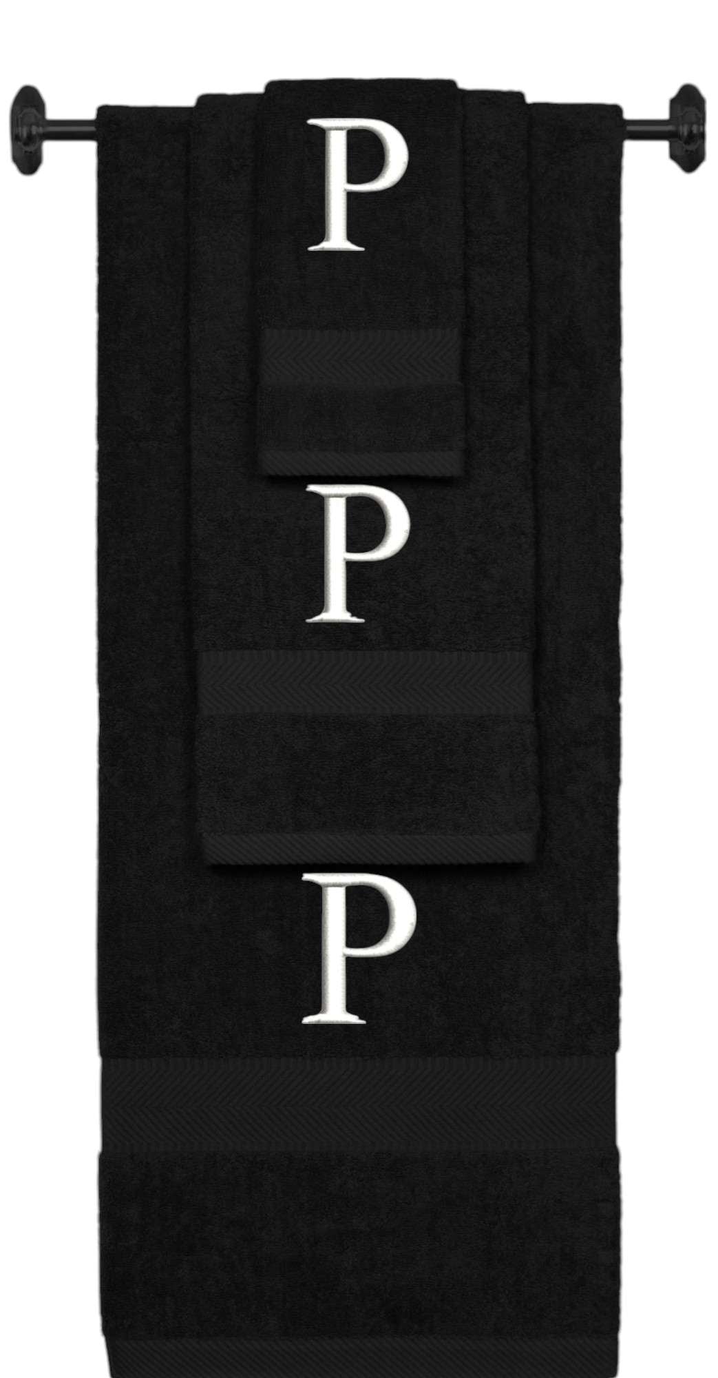 Black monogrammed towel set with White thread, Times New Roman font, initial P - 540 GSM cotton 3-piece