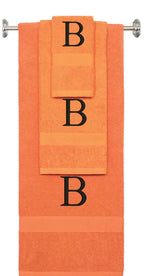 Orange monogrammed towel set with Black thread, Times New Roman font, initial B - 540 GSM cotton 3-piece