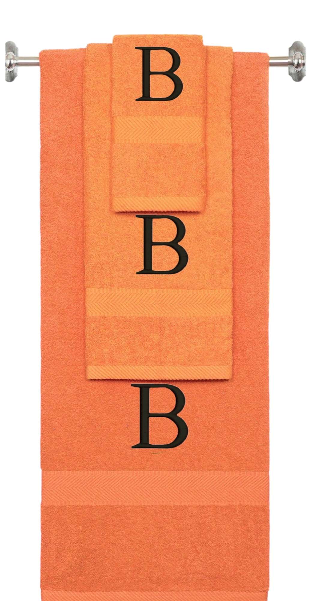 Orange monogrammed towel set with Black thread, Times New Roman font, initial B - 540 GSM cotton 3-piece