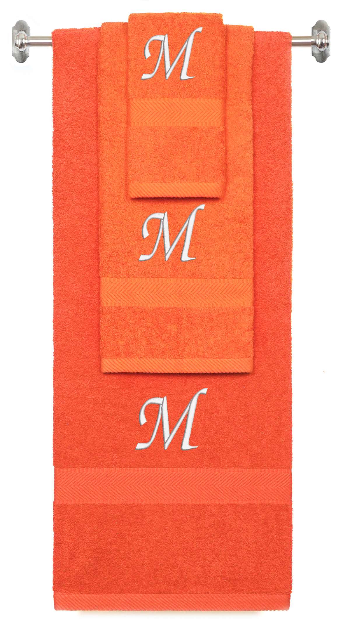 Orange monogrammed towel set with White thread, Chancery font, initial M - 540 GSM cotton 3-piece