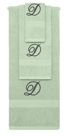 Mint Green monogrammed towel set with Black thread, Diana Script font, initial D - 540 GSM cotton 3-piece