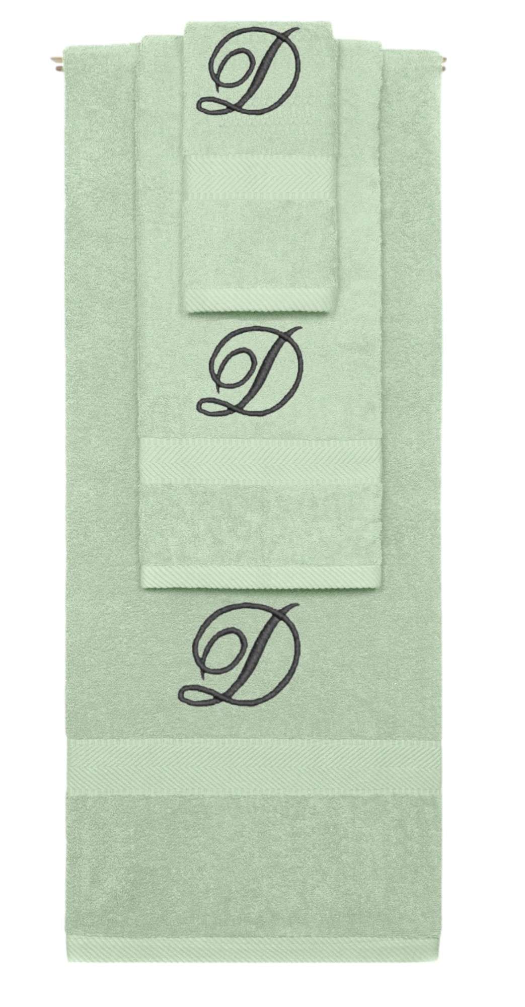 Mint Green monogrammed towel set with Black thread, Diana Script font, initial D - 540 GSM cotton 3-piece