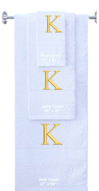 White monogrammed towel set with Gold thread, Times New Roman font, initial K - 540 GSM cotton 3-piece