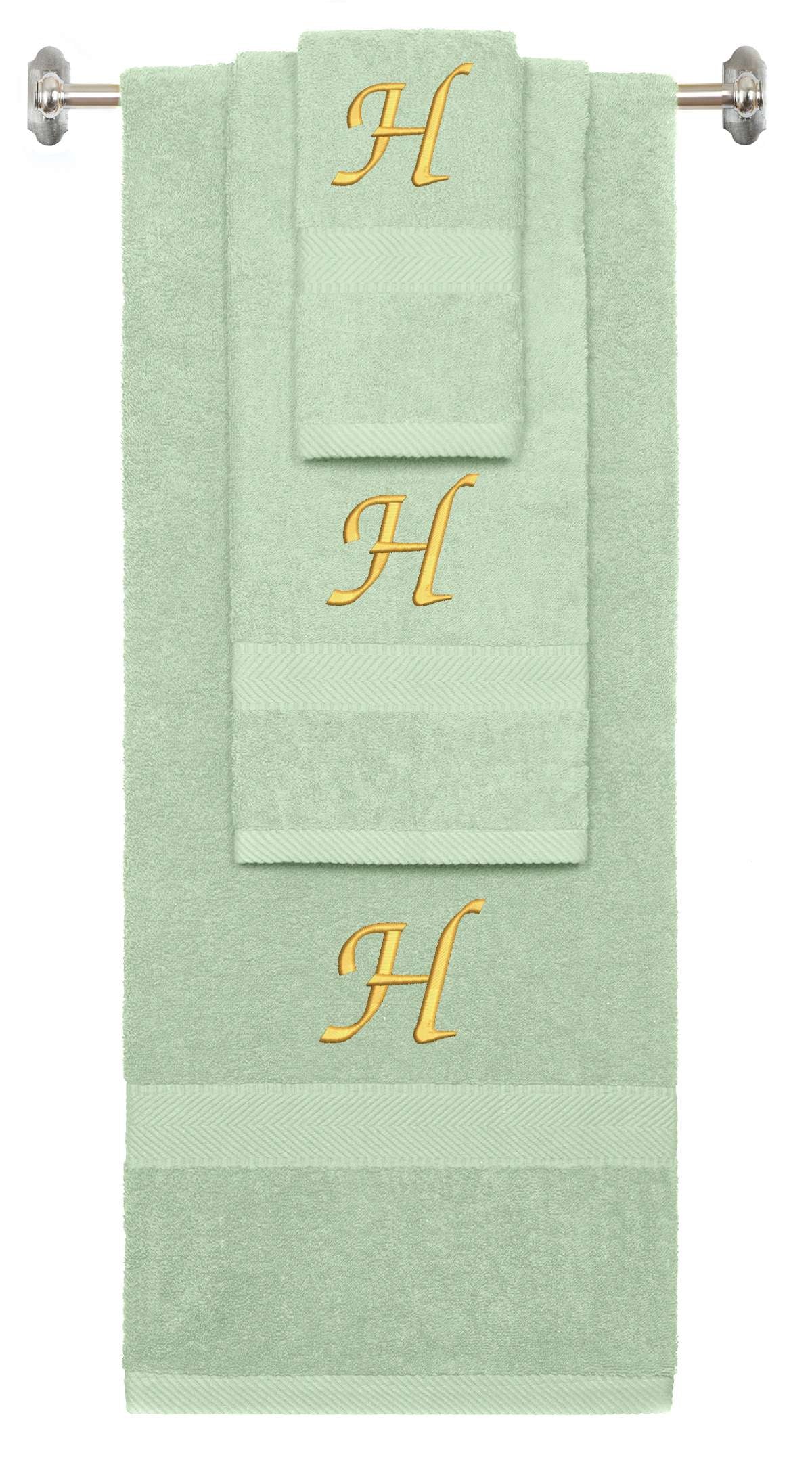 Mint Green monogrammed towel set with Gold thread, Chancery font, initial H - 540 GSM cotton 3-piece