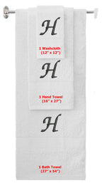 White monogrammed towel set with Black thread, Chancery font, initial H - 540 GSM cotton 3-piece