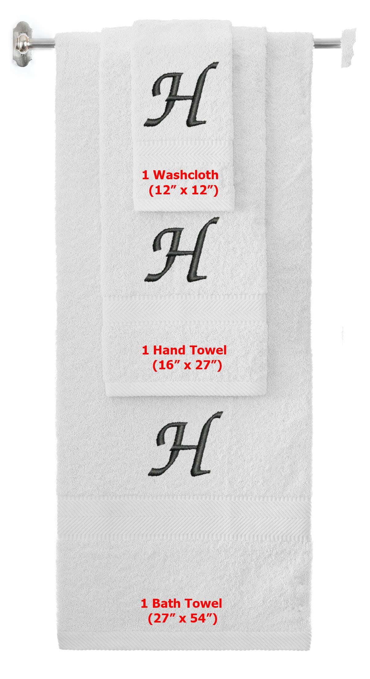 White monogrammed towel set with Black thread, Chancery font, initial H - 540 GSM cotton 3-piece
