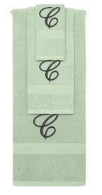 Mint Green monogrammed towel set with Black thread, Diana Script font, initial C - 540 GSM cotton 3-piece