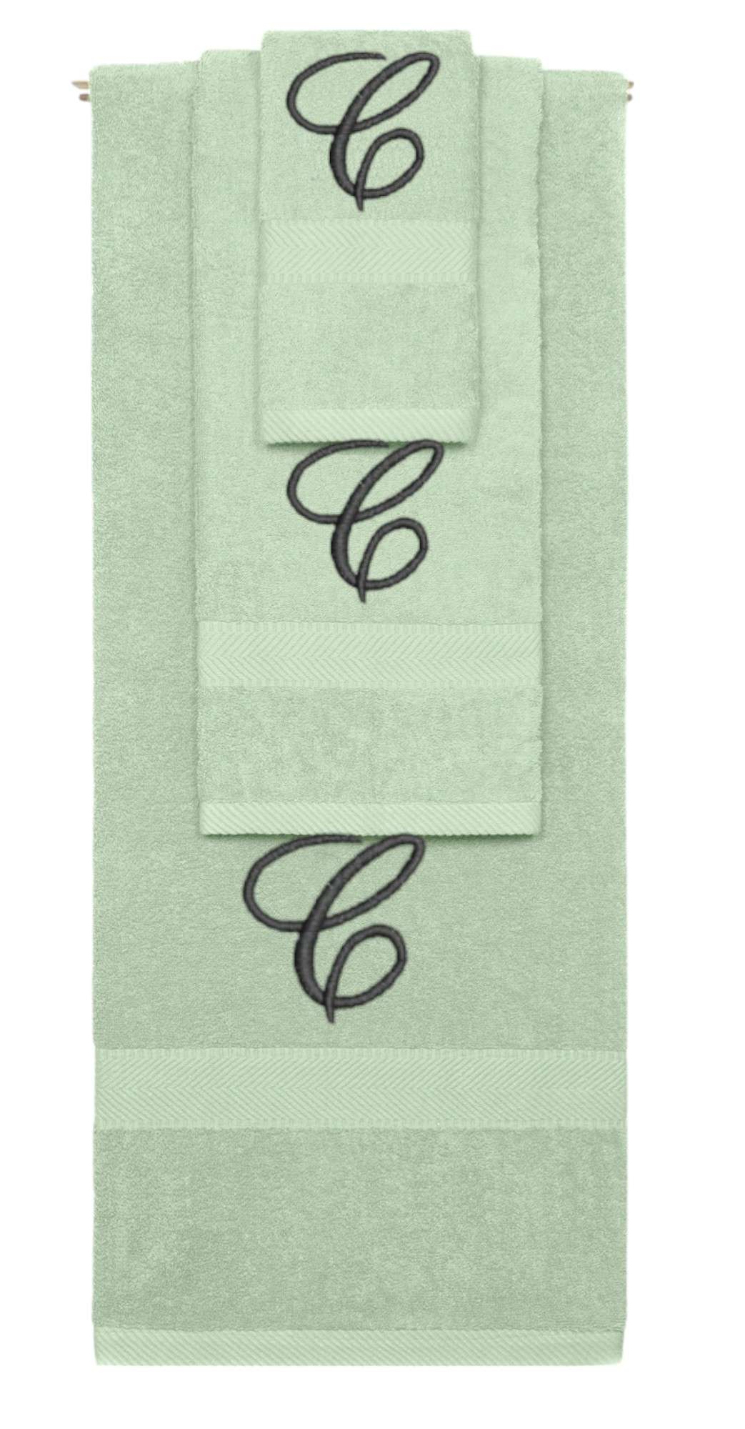 Mint Green monogrammed towel set with Black thread, Diana Script font, initial C - 540 GSM cotton 3-piece