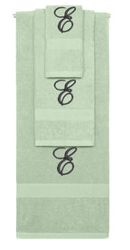Mint Green monogrammed towel set with Black thread, Diana Script font, initial E - 540 GSM cotton 3-piece